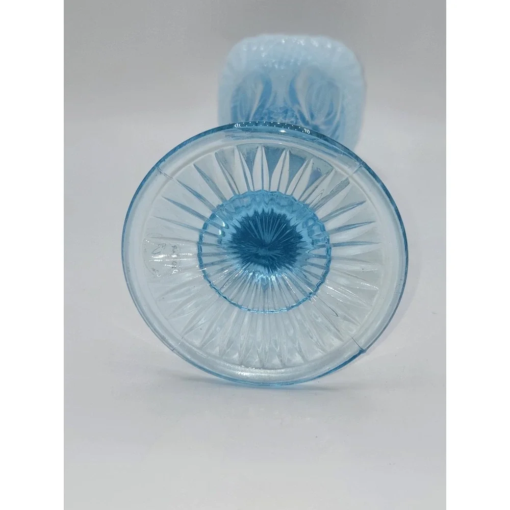 Mosser‎ 1970s Aqua Opalescent Glass Vase Diamond Pattern Pedestal Vase 10